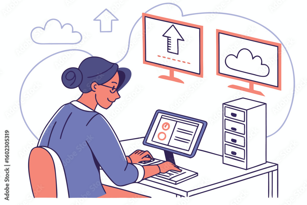 Poster woman working on a computer with dual monitors displaying cloud upload icons in a modern office setu