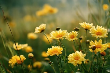 morning field of yellow daisies in spring