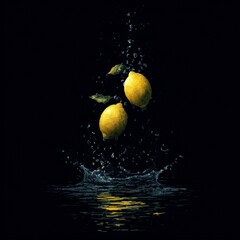 lemons falling into the water water splashes black solid background illustration small details 8k