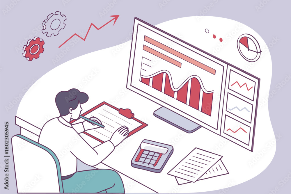 Poster data analysis and productivity techniques being utilized by a professional at a desk with charts and