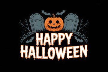 Happy halloween spooky pumpkin and gravestones with bats and branches
