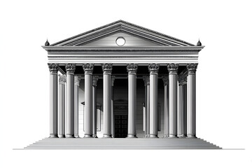 Fototapeta premium Isolated Classical Building Icon with Pillars in Black Line Art on White Background , Institutional Vector Graphic Style