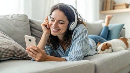 Young woman wearing headphones smiles while looking at her smartphone on a couch with a dog
