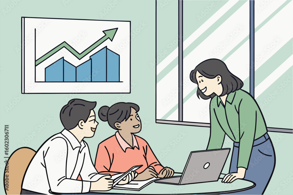 Poster collaboration in a modern office setting with business presentation and data analysis on display