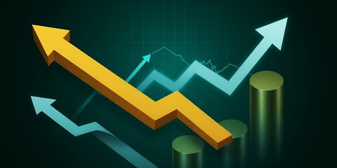 Arrows and bar graph showing upward financial growth against a dark grid background