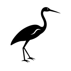 Fototapeta premium Buck bird Minimalist bird illustration, black outline, white background, long-necked wading bird, heron silhouette, simple curved lines, graphic design style, vector art, stylized wildlife icon, clean