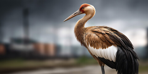 Fototapeta premium Crane's Serene Contemplation: A majestic crane stands tall against a backdrop of industry, exuding an air of serene contemplation and showcasing the balance between nature and human activity.