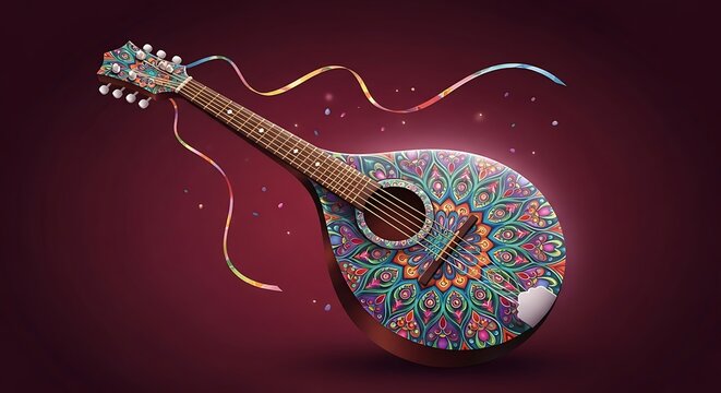 Acoustic guitar decorated with colorful mandala pattern set against maroon background