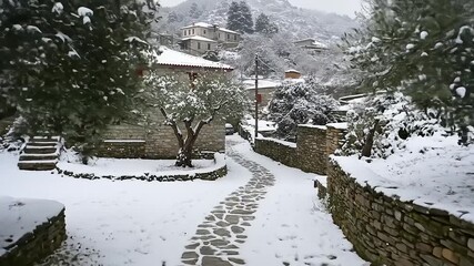 Snow-covered path winding through a quaint village with stone houses and olive trees in winter - Powered by Adobe