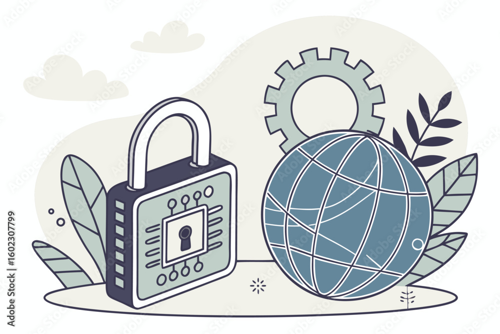 Poster security lock with digital design and globe representing global cybersecurity concepts in a modern a