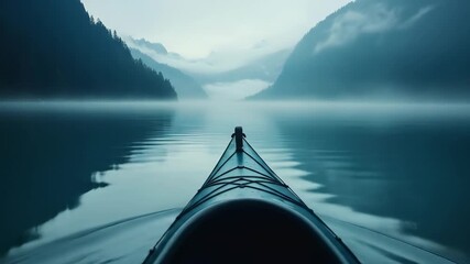 Kayaking through the tranquil lake surrounded by mountains and mist evokes a sense of adventure and peace, perfect for nature enthusiasts.