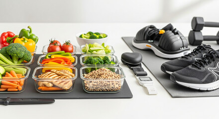 Healthy meal prep with fresh vegetables chicken and grains alongside fitness equipment