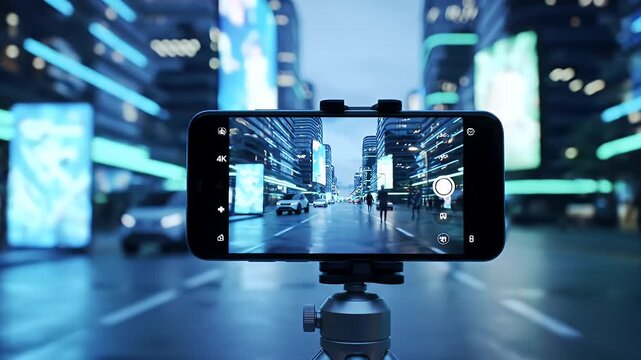 Mobile videography in a cyberpunk-inspired metropolis, with a smartphone on a tripod capturing the neon-lit, rainy streets and modern architecture of a futuristic city.