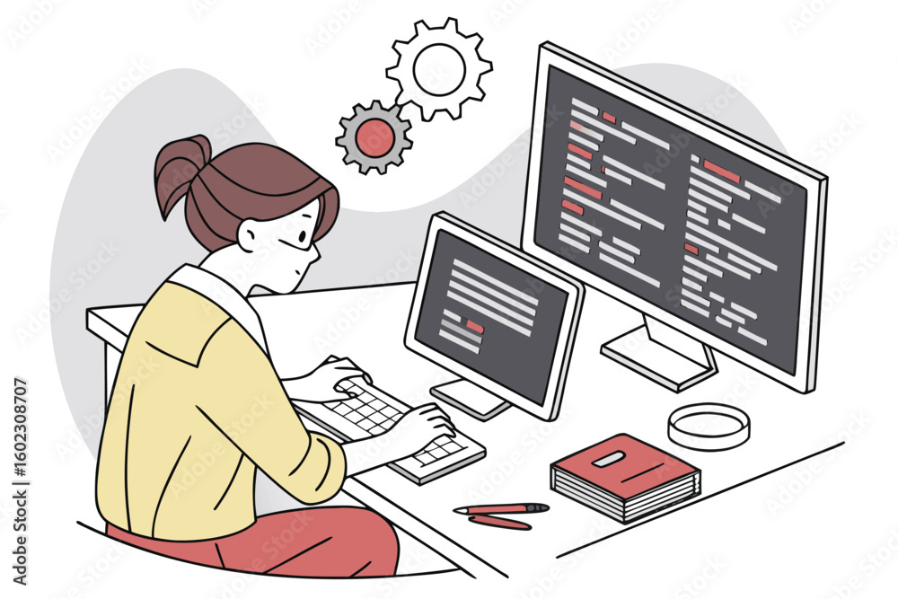 Poster software developer working on coding tasks at a desk with multiple monitors and a focused expression