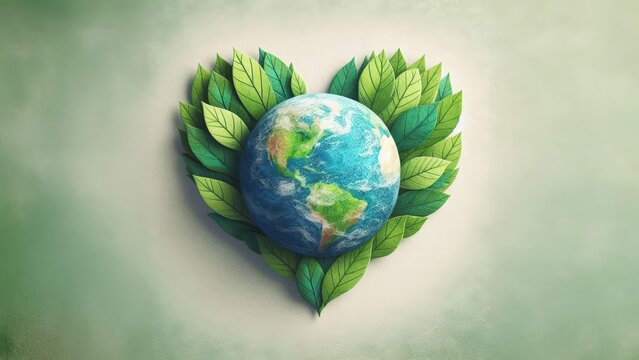 A green Earth globe surrounded by heart-shaped leaves on a muted background reflects Earth Day, eco-friendly choices, plant conservation, and sustainability. Ideal for promoting environmental awarenes - Powered by Adobe