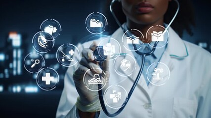 African American Doctor Holding Stethoscope with Digital Interface Overlay and Cityscape at Night in Medical Uniform and Gloves - Powered by Adobe