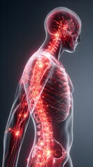 Human body with glowing red pain points on neural pathways illustrating pain or nerve stimulation, set against a dark blue background	