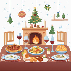 A warm and inviting Christmas dinner scene featuring a beautifully set table with various dishes, red wine, and a cozy fireplace adorned with festive decorations.