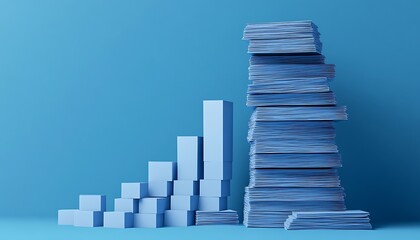 Stacked paper blocks mock transforming into ascending 3D bar chart blue tone