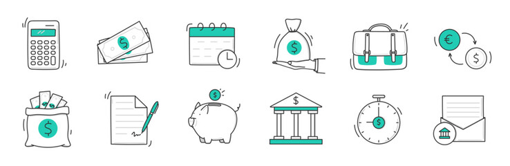 Money finance business doodle hand drawn icon set.