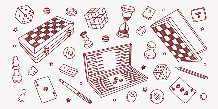set of hand-drawn board games. sketch doodle of chess, checkers, go, dominoes, playing cards, scrabble, backgammon isolated on background.