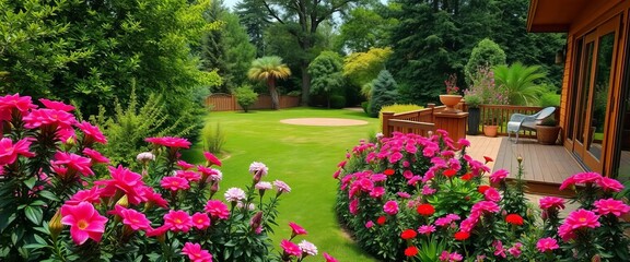 Panoramic view of a lush backyard garden with blooming flowers, a wooden terrace, and a clearing in the trees, countryside, backyard