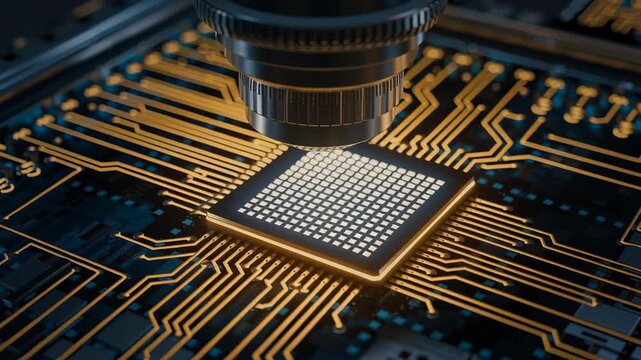 Close up of microchip circuit board showcasing advanced electronics technology and silicon hardware on computer components