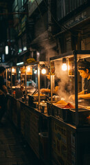 Street food vendor prepares dishes at a brightly lit stall in a bustling Asian night market, with steam rising from the cooking food.