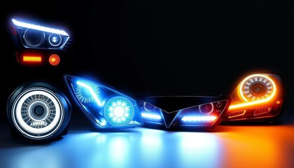 Realistic vector illustration of various car headlight designs, LED lamps, and automotive lighting effects, car headlights,  automotive design