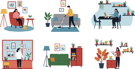 People enjoying cozy home interiors with pets, coffee, books, houseplants, and relaxing activities like cleaning, decorating, and reading