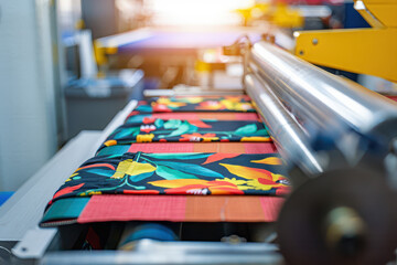 Close up of fabric with floral pattern moving through industrial machine with metal rollers and yellow parts