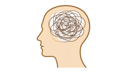Human head silhouette with tangled wire inside, symbolizing anxiety, isolated on transparent background.