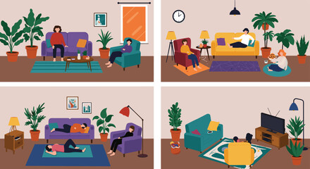 People relaxing in cozy living rooms, watching TV, reading, napping, and spending leisure time at home with plants and comfort