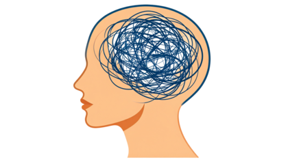 Human head silhouette with tangled wire inside, symbolizing anxiety, isolated on transparent background