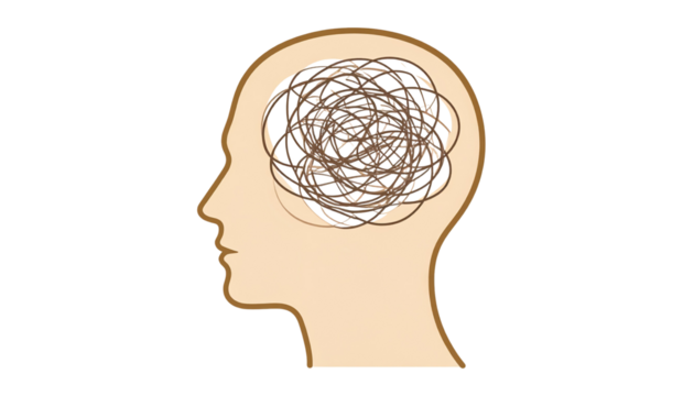 Human head silhouette with tangled wire inside, symbolizing anxiety, isolated on transparent background.