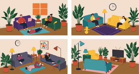 People relaxing in cozy living rooms, watching TV, reading, napping, and spending leisure time at home with plants and comfort