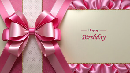 Elegant feminine birthday greeting card with soft pink satin ribbon and bows on a cream background with space for text — perfect for stylish celebrations.