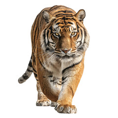 Obraz premium Powerful tiger in low stalking posture and intense realism and jungle predator energy and isolated white background Batch realistic clean bright simple modern stock image isolated on plain backgrou