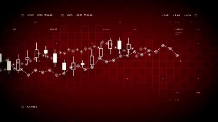 A financial chart with candlestick patterns and data points on a red gradient background - Powered by Adobe