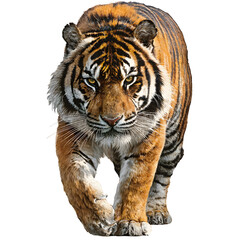 Fototapeta premium Powerful tiger in low stalking posture and intense realism and jungle predator energy and isolated white background Batch realistic clean bright simple modern stock image isolated on plain backgrou