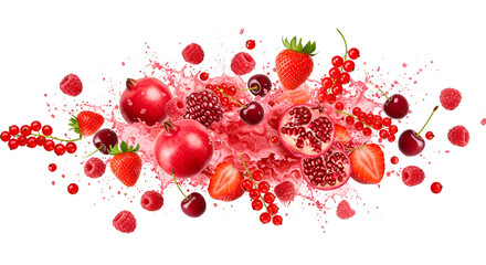 Red fruit explosion — all red-colored fruits scattered dynamically, white base