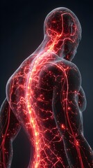 Human body with glowing red pain points on neural pathways illustrating pain or nerve stimulation, set against a dark blue background	