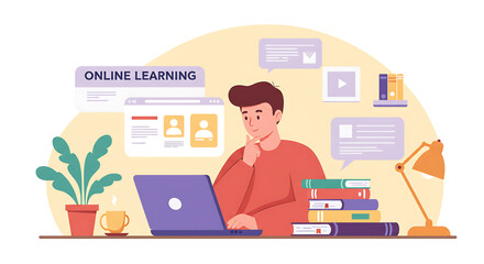 Fototapeta premium A young man thoughtfully engages in online learning on a laptop, surrounded by books.