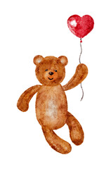 Watercolor teddy bear flying with red heart balloon. Vector illustration