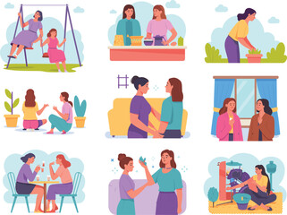 Obraz premium Women enjoying daily life activities, relaxing, cooking, gardening, chatting, and bonding in cozy indoor and outdoor settings, lifestyle illustration