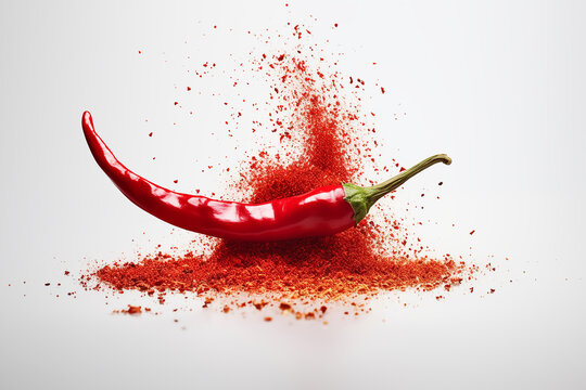 Whole red chili with spicy powder explosion on white background - Powered by Adobe