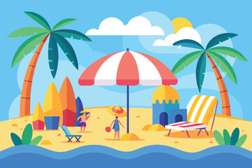 Obraz premium Colorful Tropical Beach with Umbrella, Palms, and Surfboards Illustration