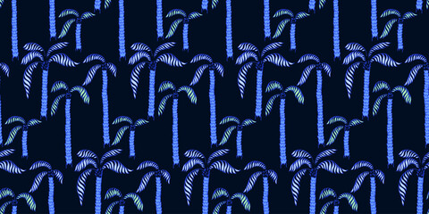Seamless vector pattern with stylized blue palm trees on a dark background. Tropical, modern, and bold design, ideal for summer fashion, beachwear, textiles, wallpapers, and vibrant decor projects.
