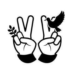 Symbolic representation of peace and hope with hands, dove, and olive branch icon vector
