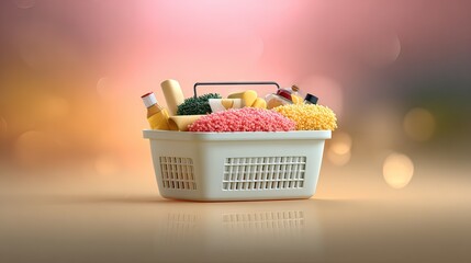 Full shopping basket, groceries, online order, bokeh background, e-commerce